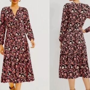 LOFT Pink & Black Paisley Long Sleeve Boho Dress